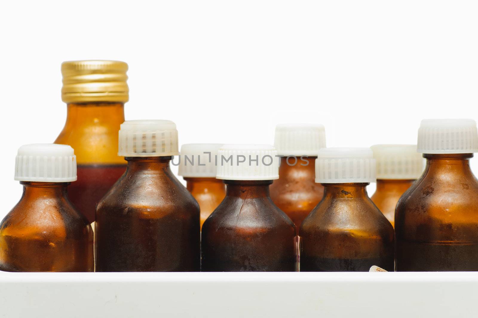 many different medical bottle on white background. concern for health