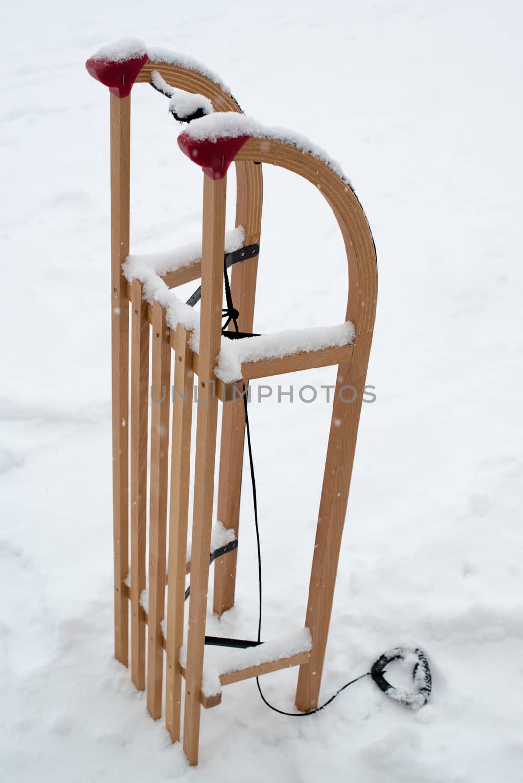 Wooden sled for a kid in fresh snow