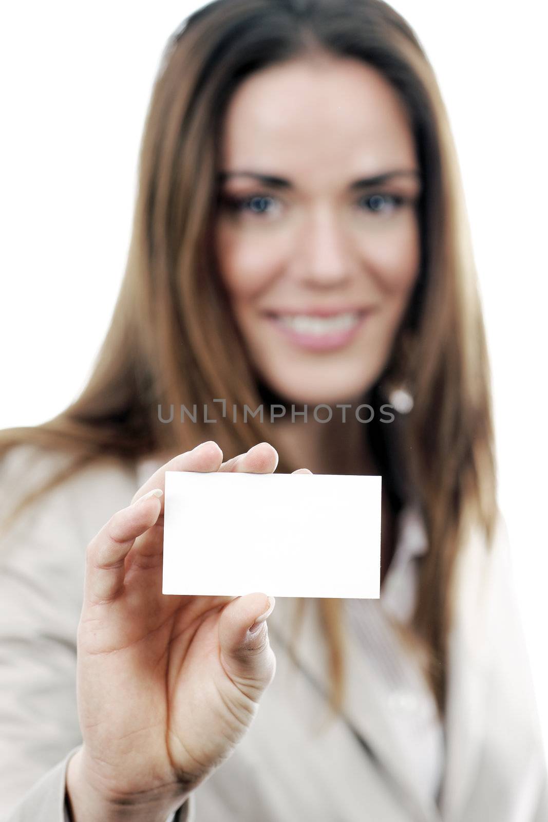 business woman handing a blank business card over white background 