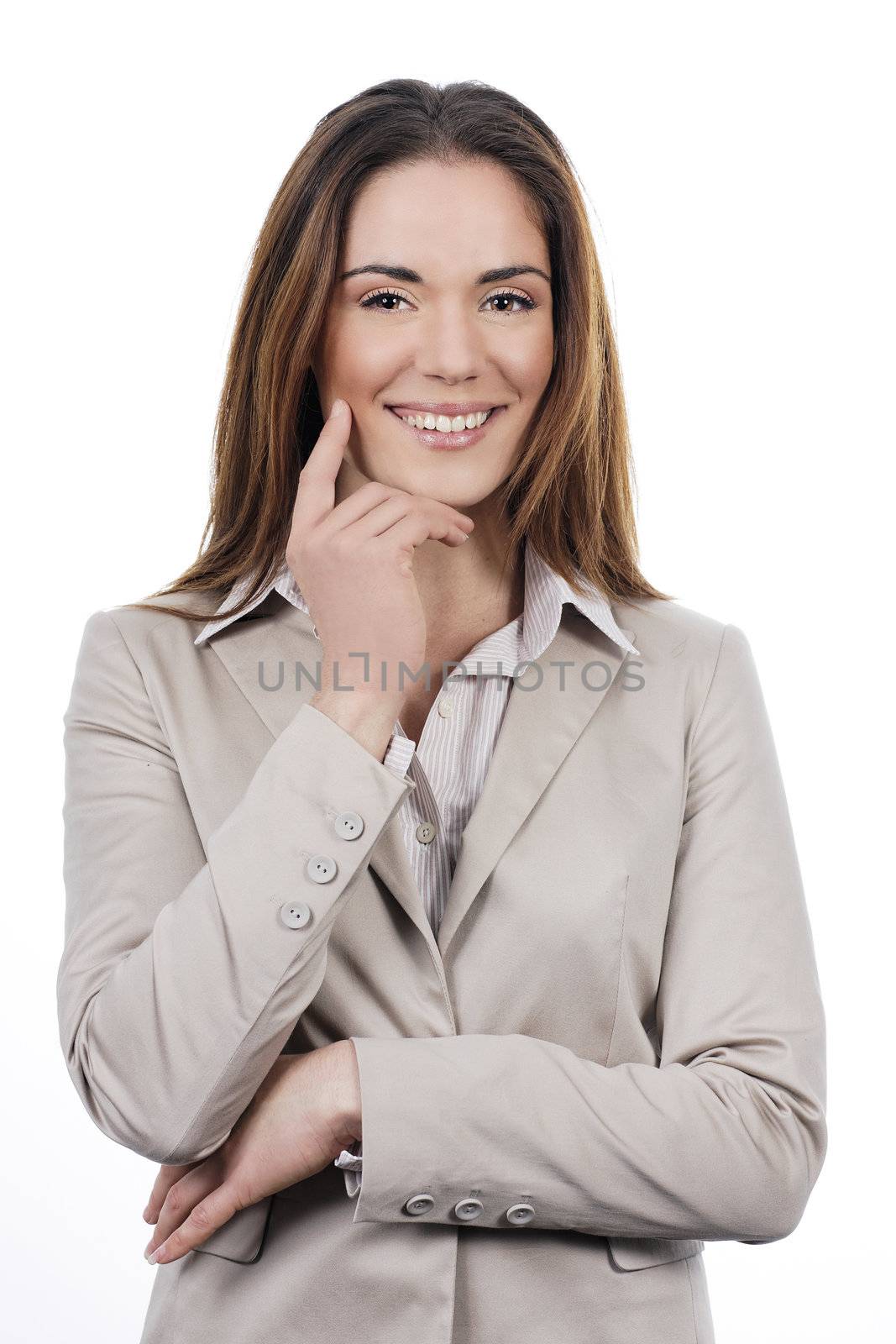 Beautiful young business woman posing isolated over white 