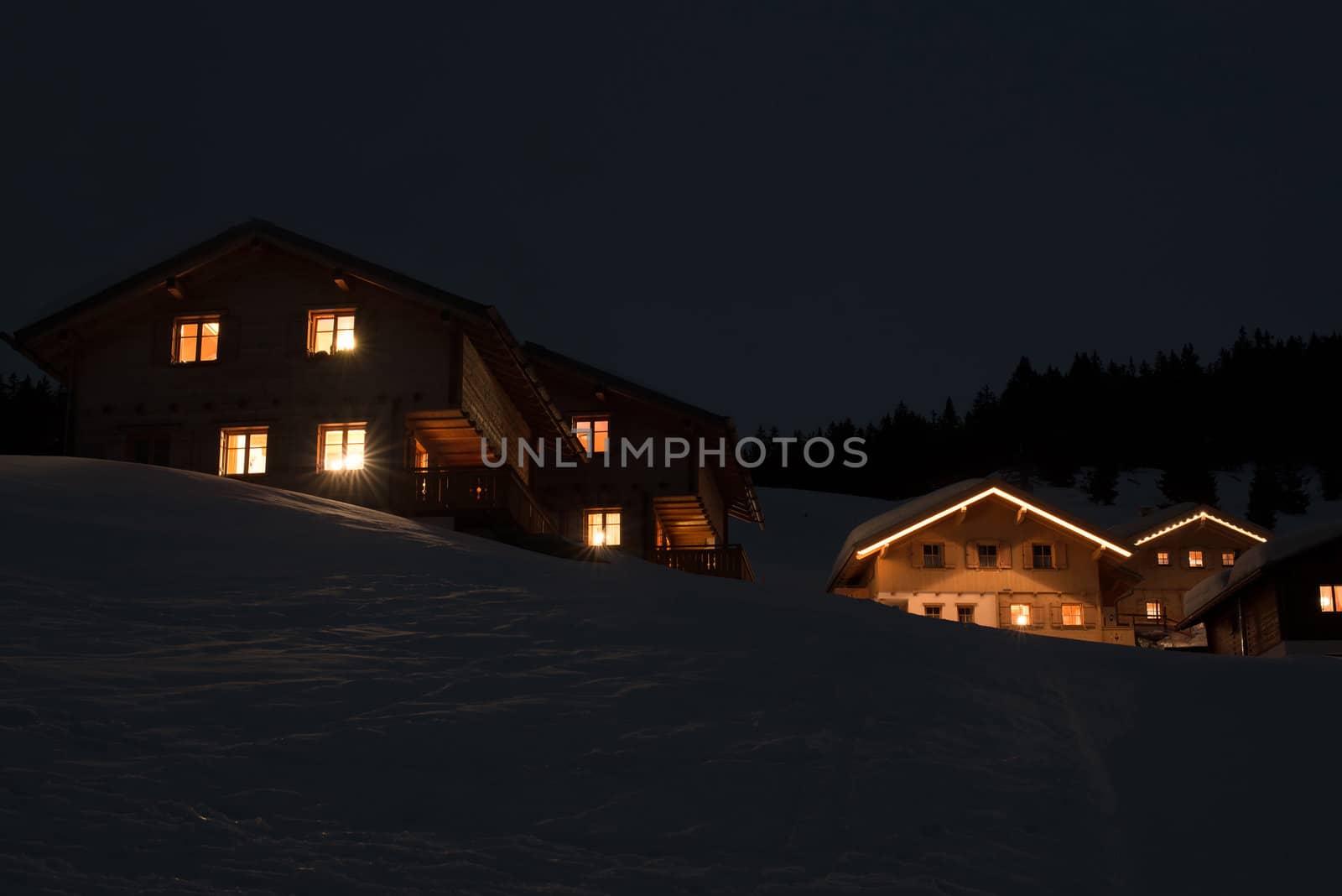 Ski village at night high on the mountains in Montafon, Austria