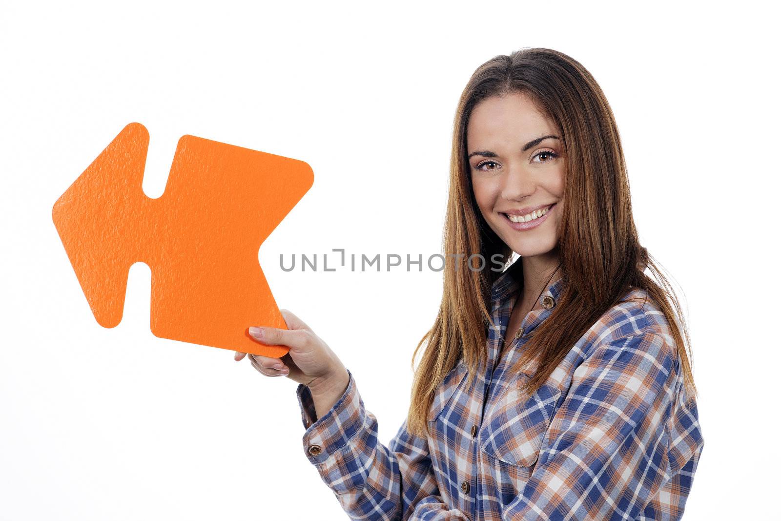 woman holding orange arrow isolated on white background