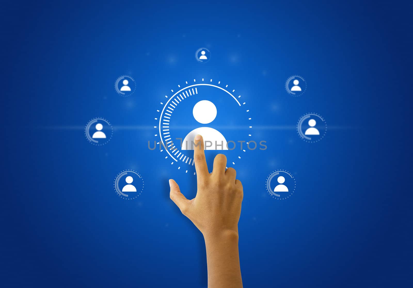 A person touching Social Network illustration on blue background. 