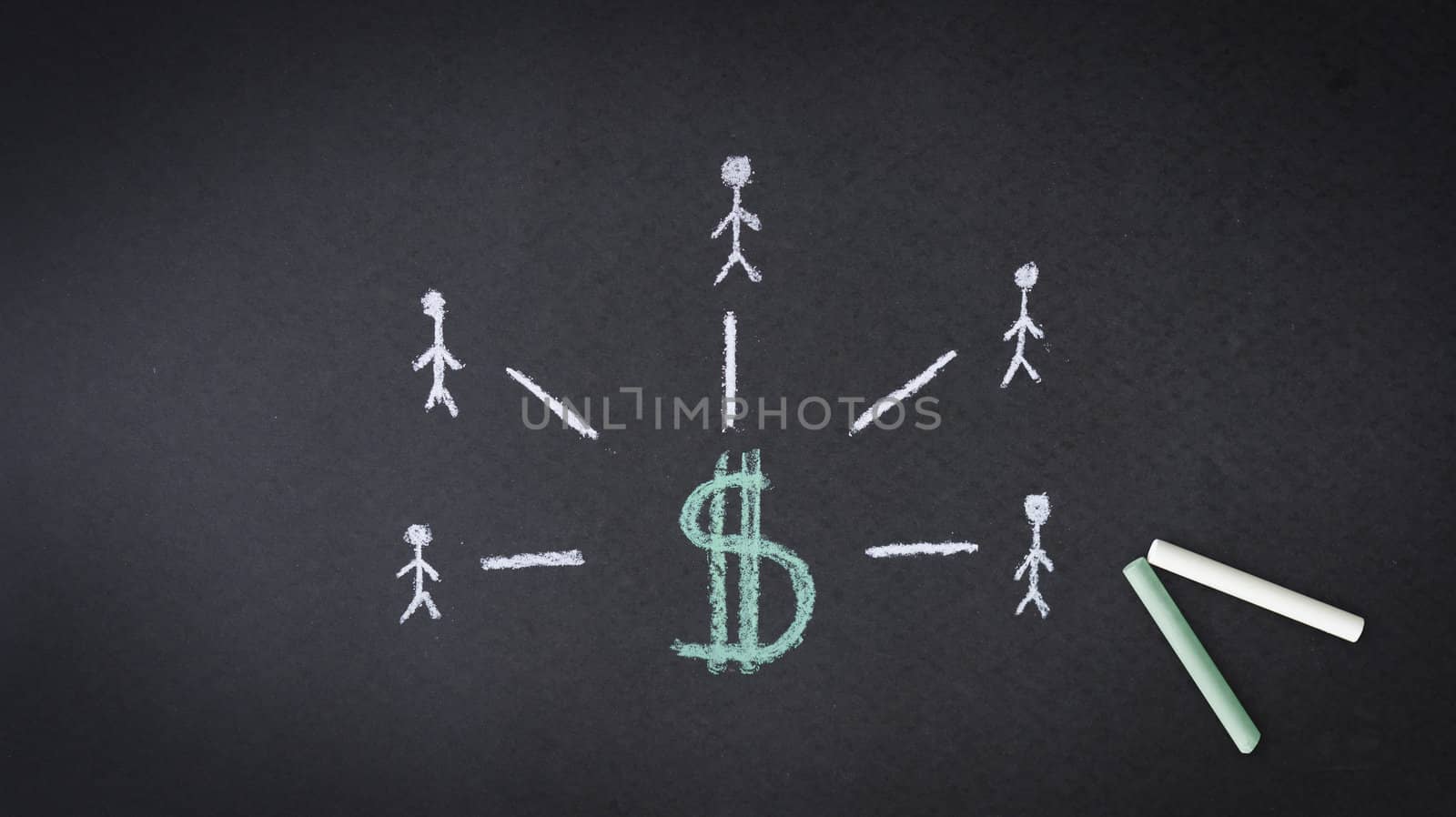 Dollar Sign Chalk Illustration on dark background with stick people.