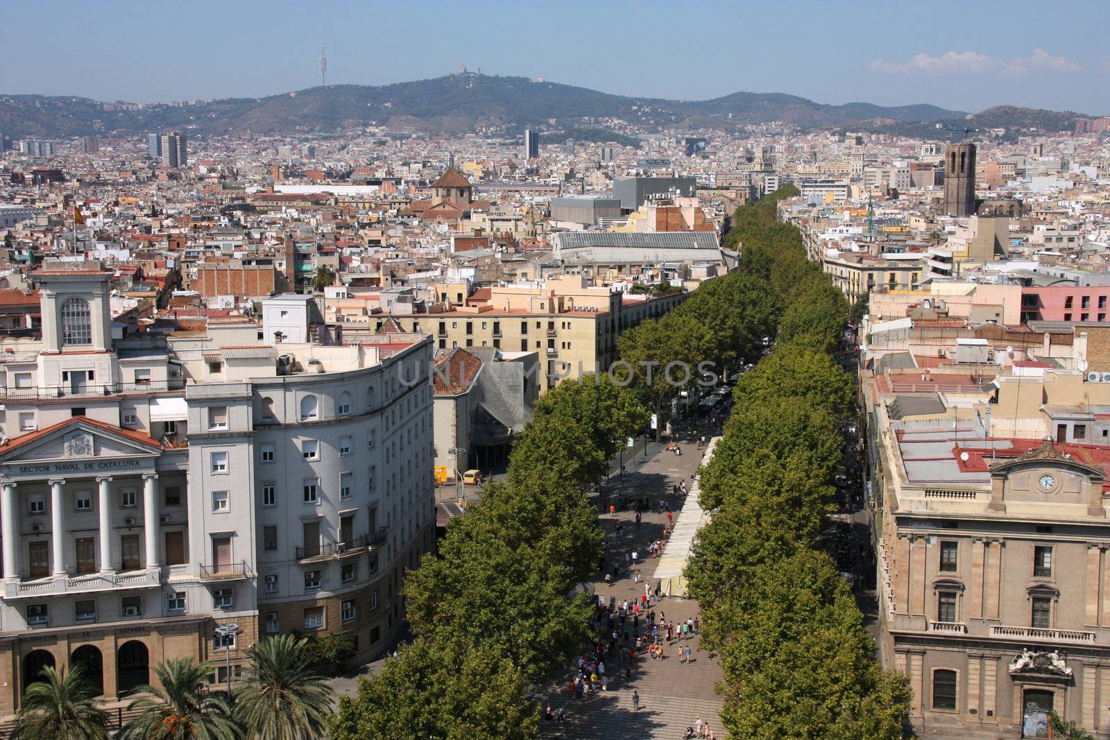 Barcelona cityscape. Aerial view seen from the Columbus Column. Famous Rambla avenue.