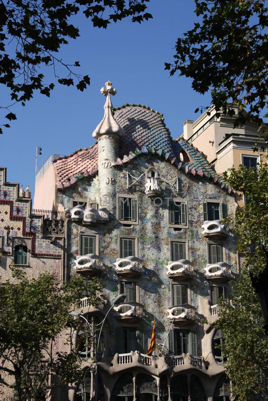 Beautiful modernisme architecture by Antoni Gaudi - Casa Battlo in Illa de la Discordia part of Eixample district. Landmark of Barcelona, Catalonia, Spain.