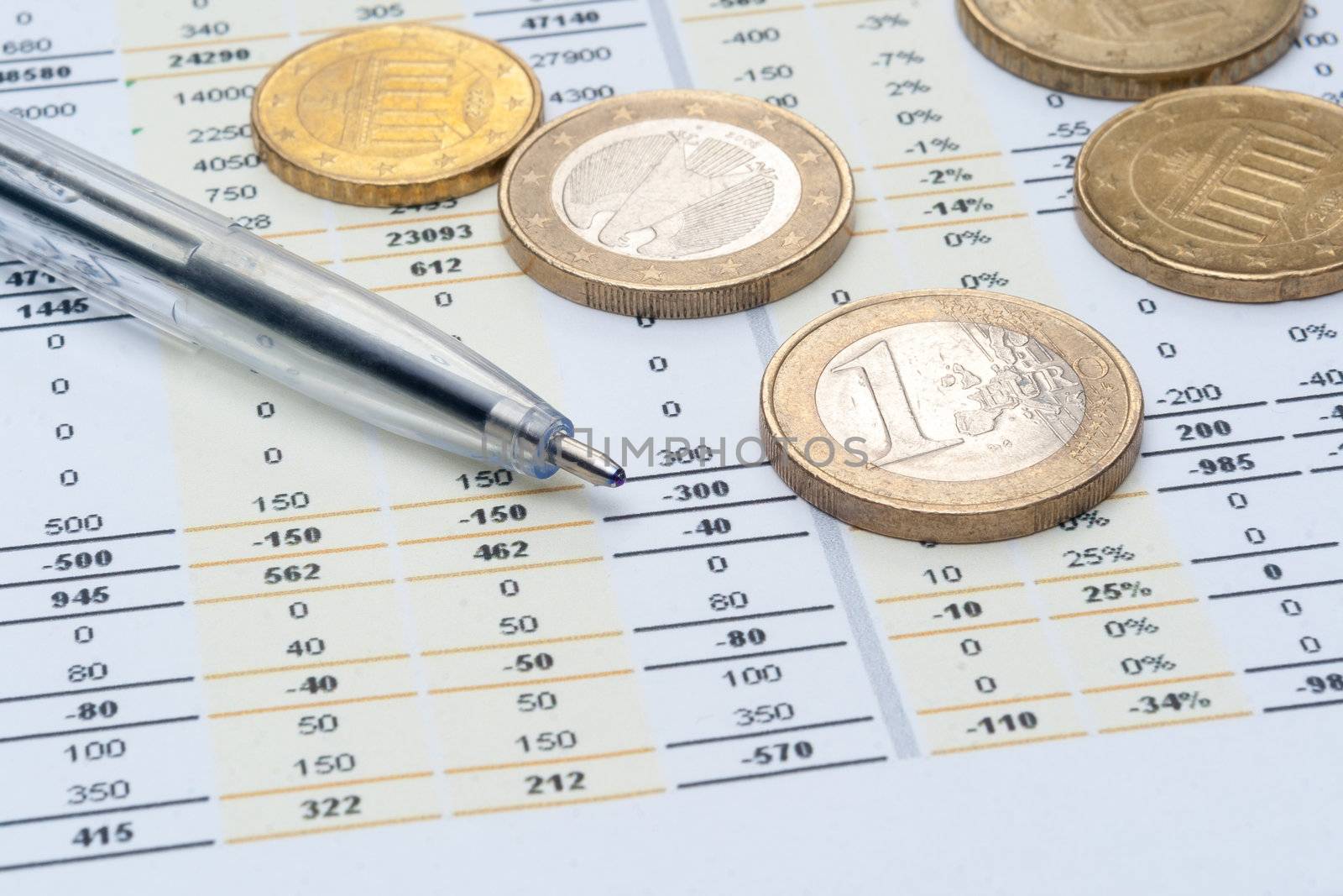 Business background, market analysis concept with financial data, pen and euro coins