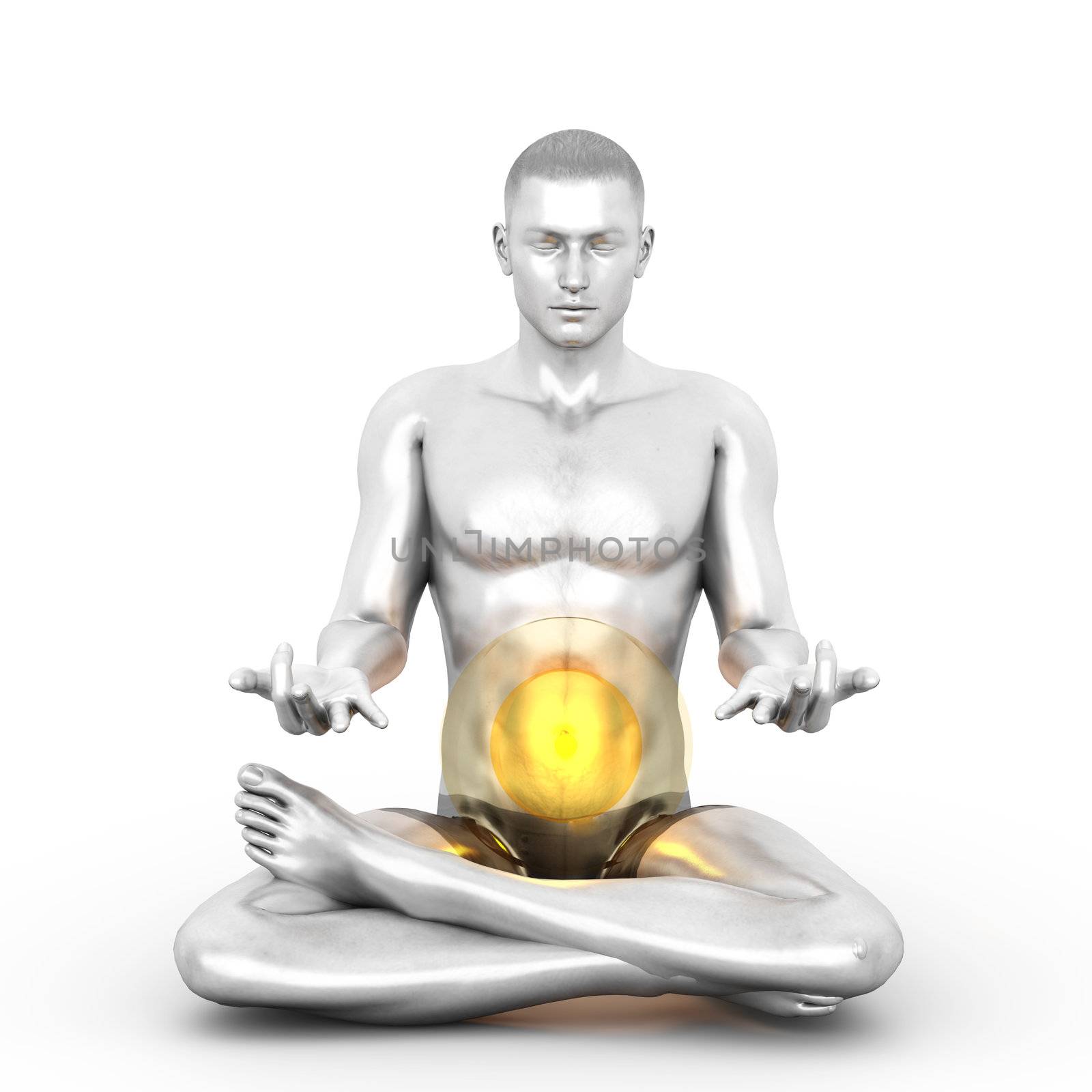 A woman performing a Manipura chakra meditation. 3D rendered illustration. 