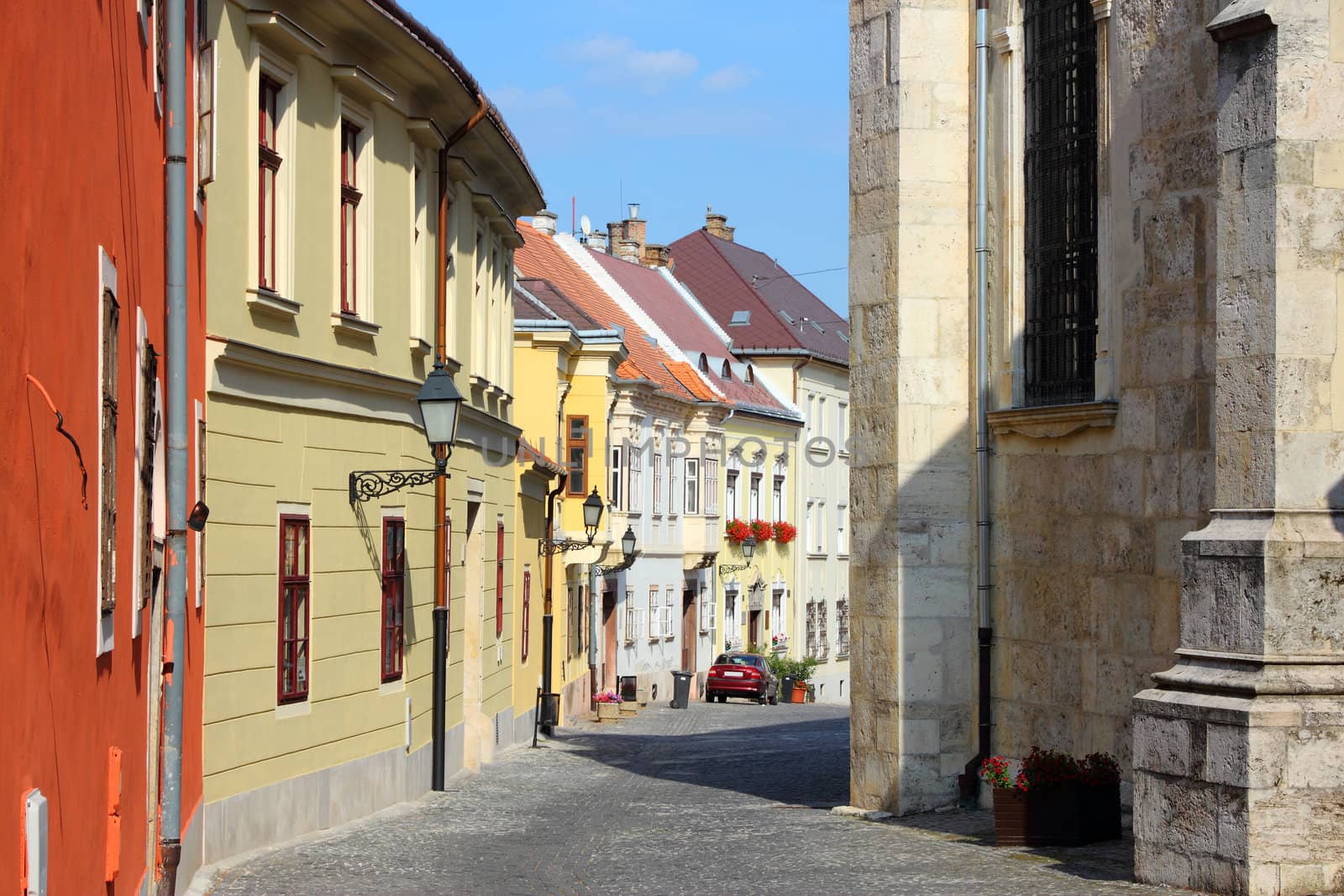 Gyor, Hungary. City in Western Transdanubia region. Old town street.