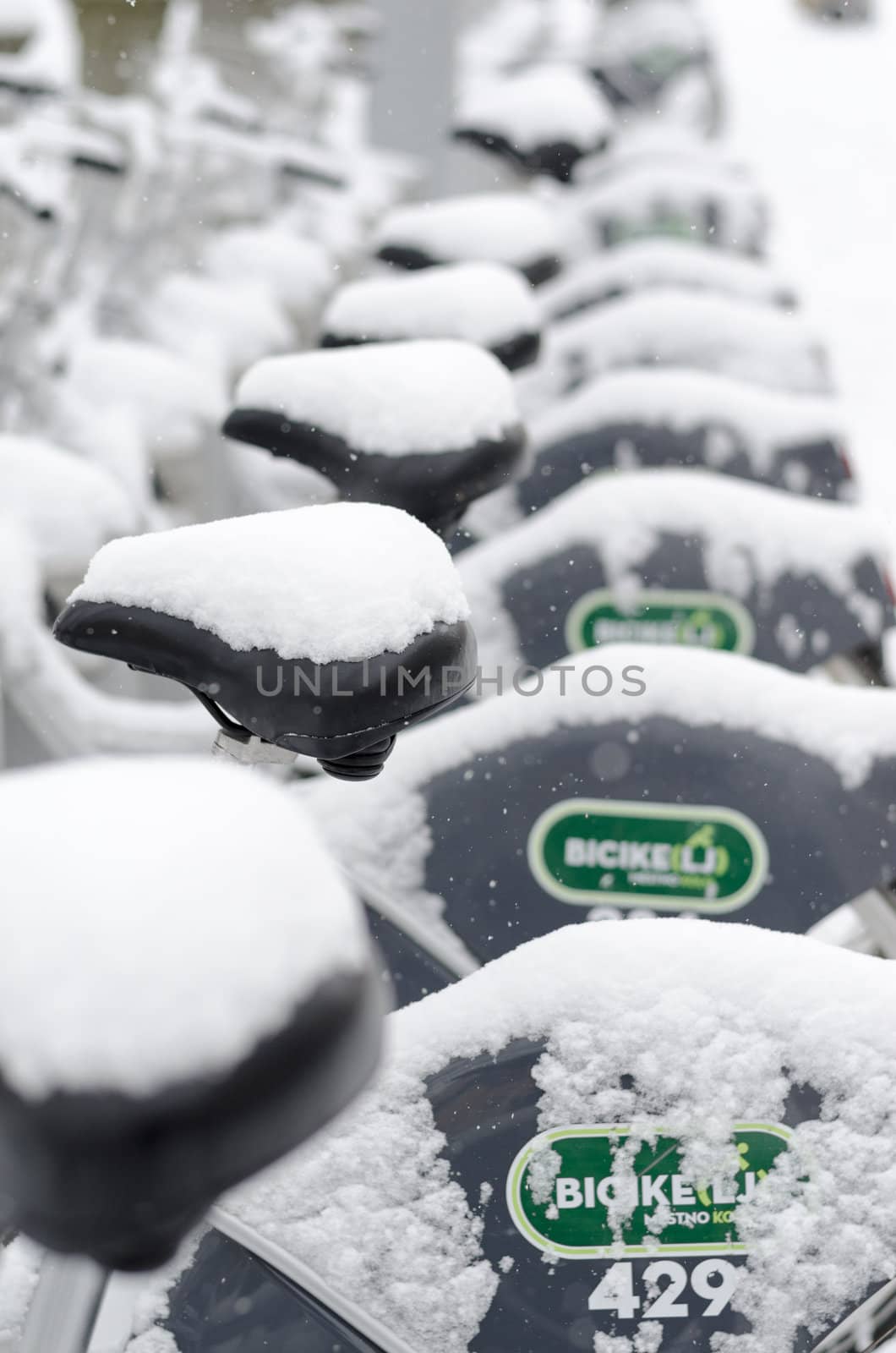 Row of bicycles for rent covered with snow.