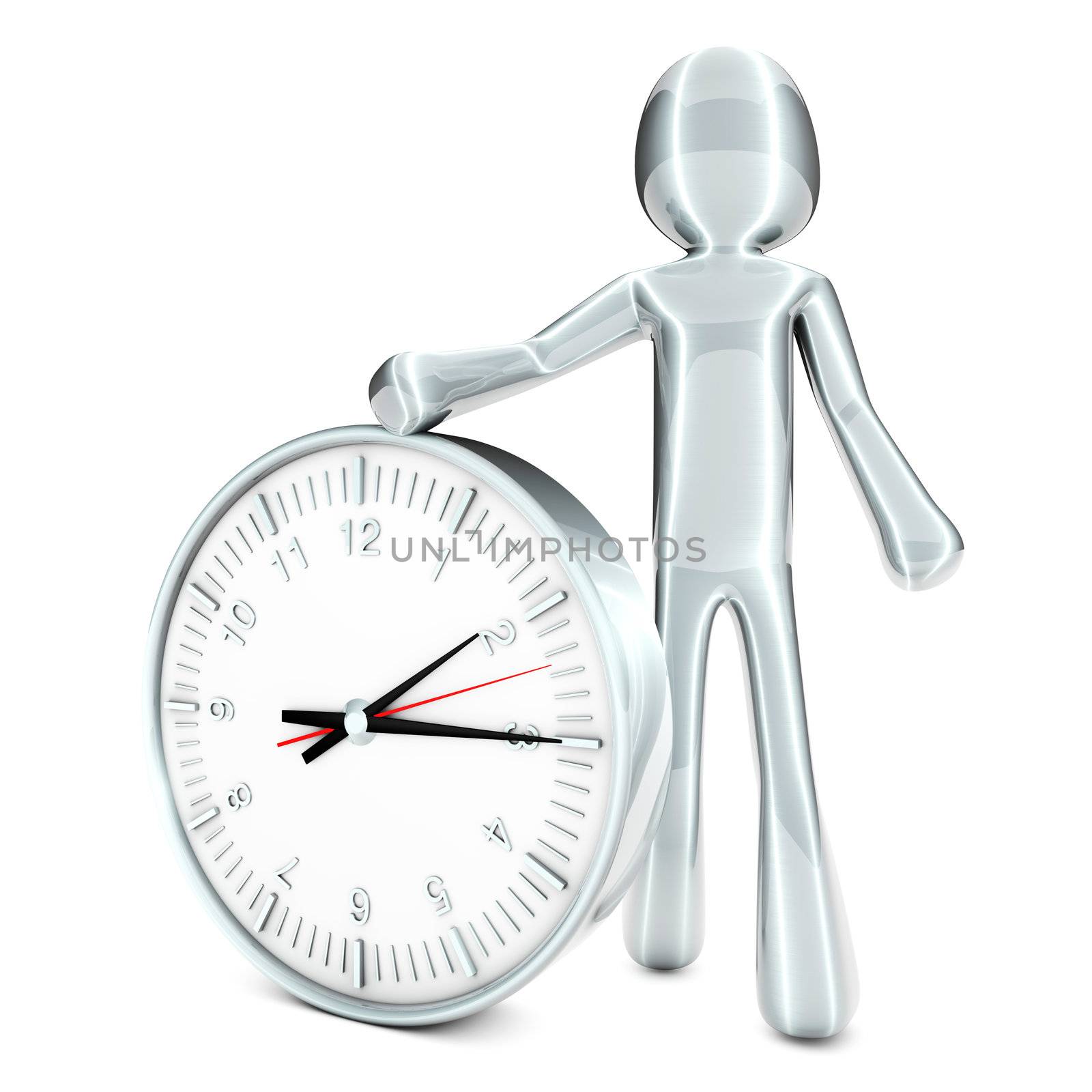 A cartoon figure with a clock. 3D rendered Illustration. Isolated on white. 