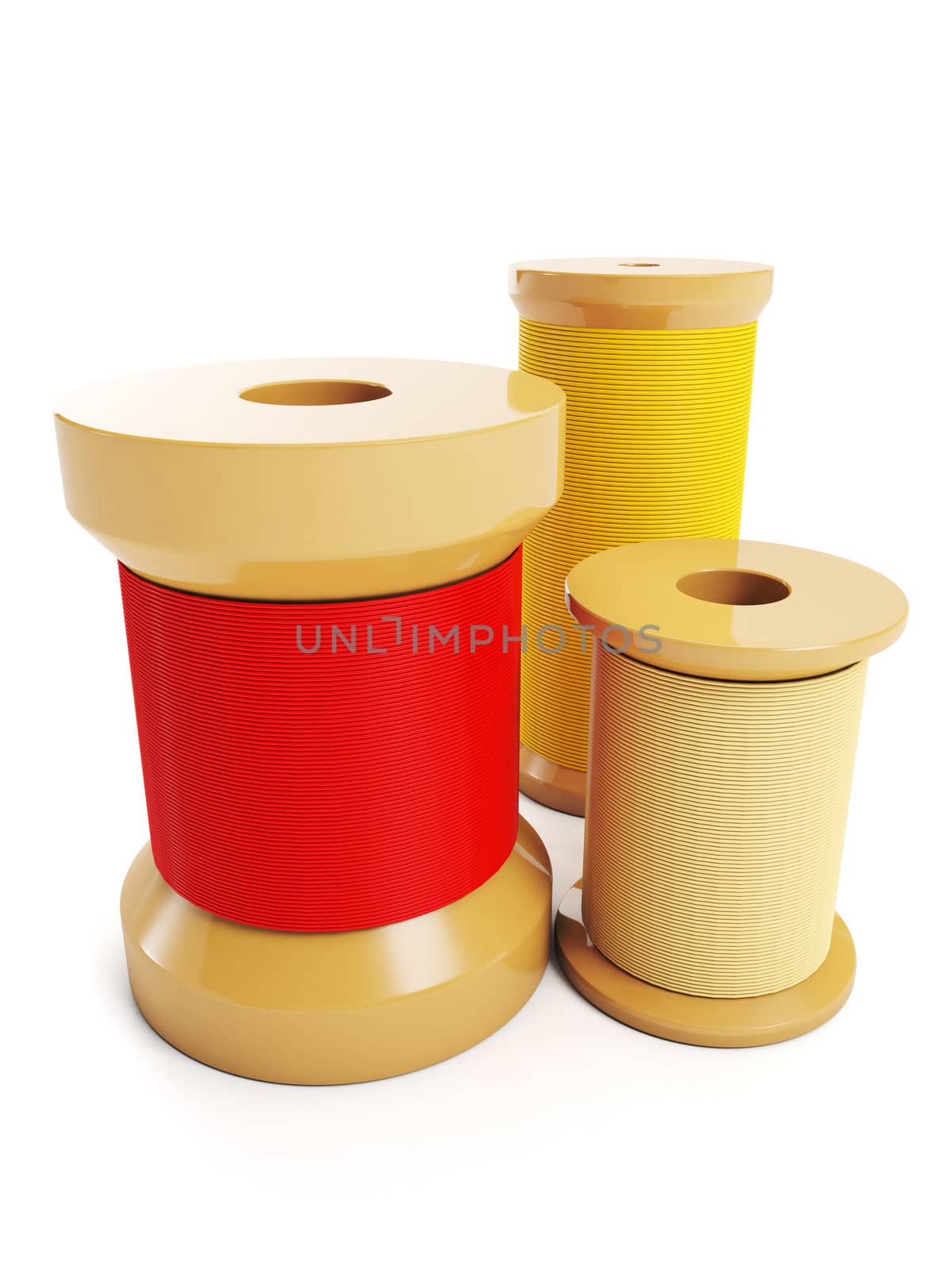 Group of wooden spools of thread. Graphic images on white background