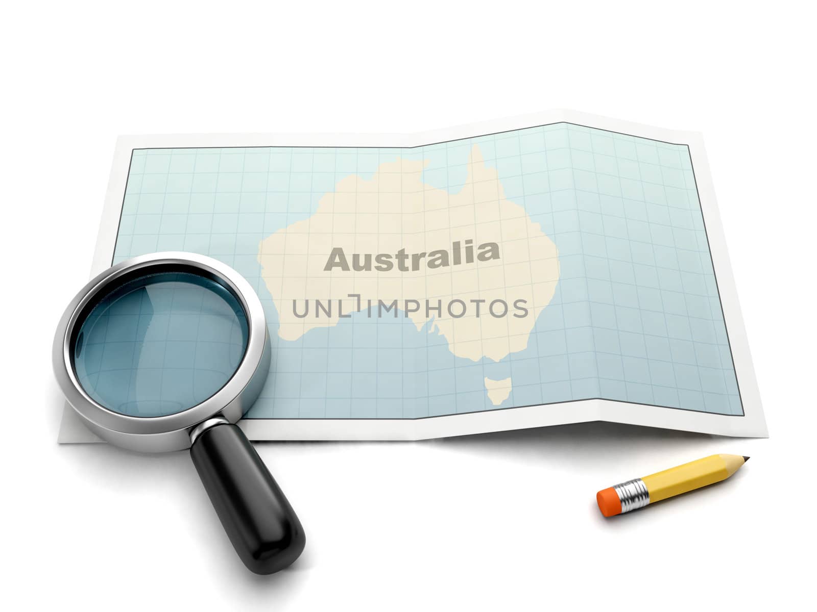 Search on a map of Australia. Magnifier and card on a white background