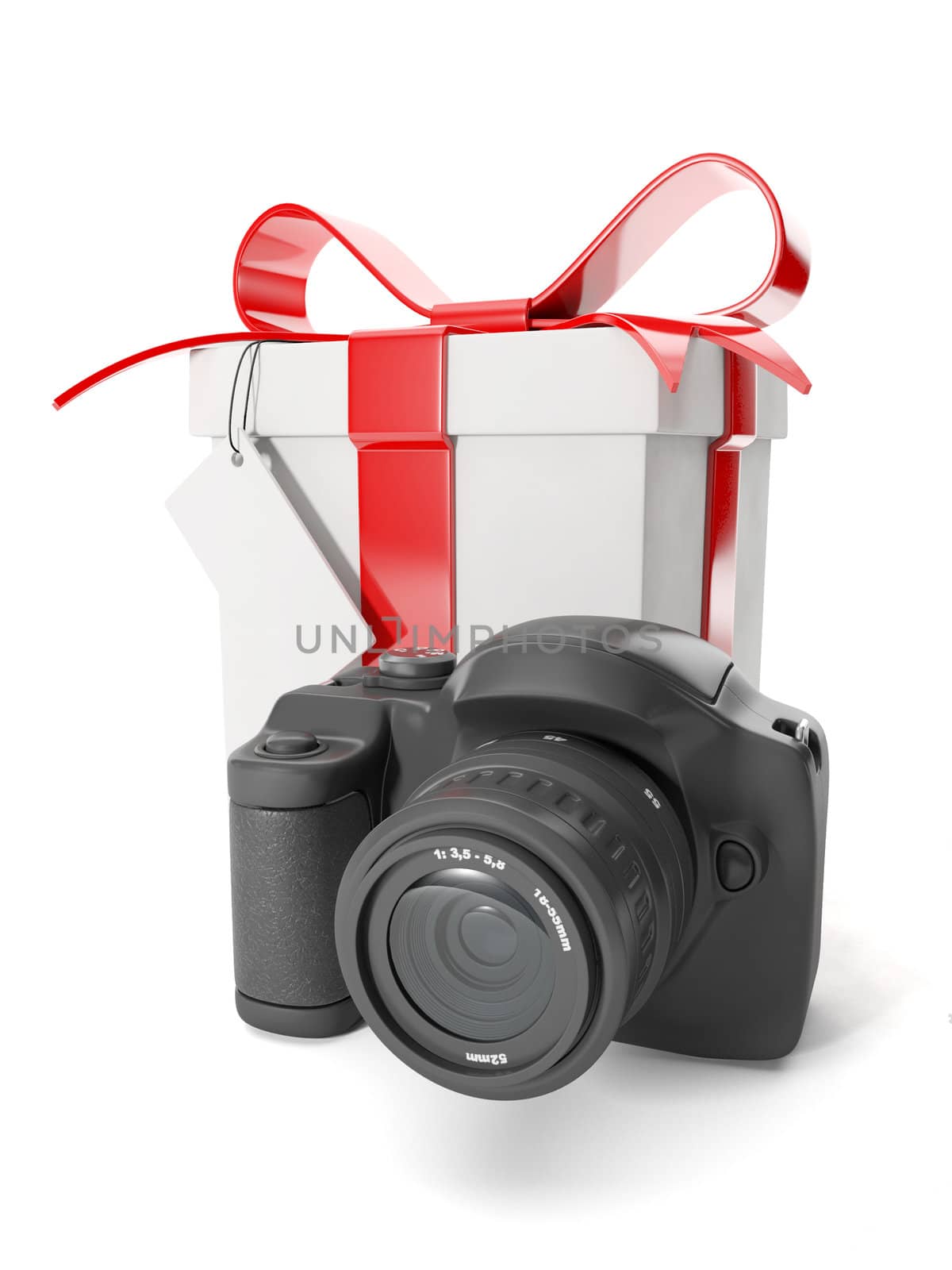 3d illustration: Technology as a gift the prize to win. Camera and a gift box