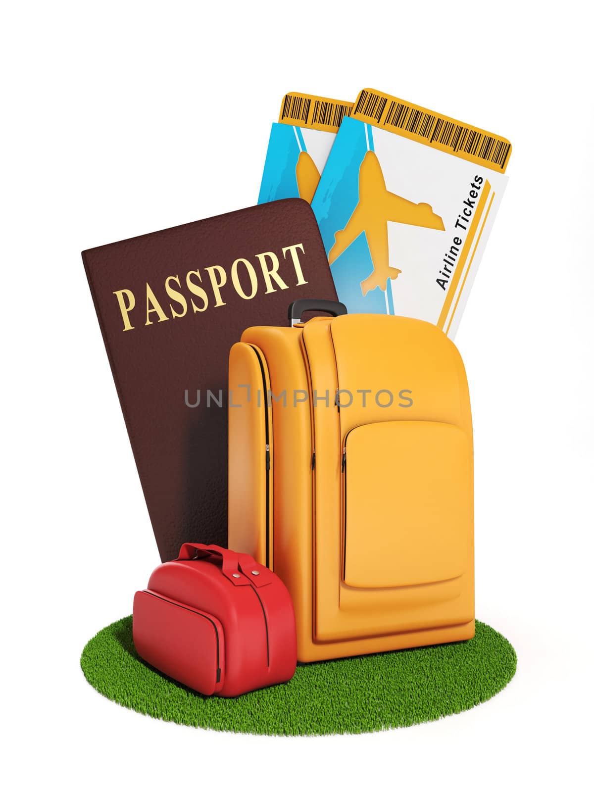 Sign trip. Illustration of a group of suitcases and a plane ticket, summer vacation and travel