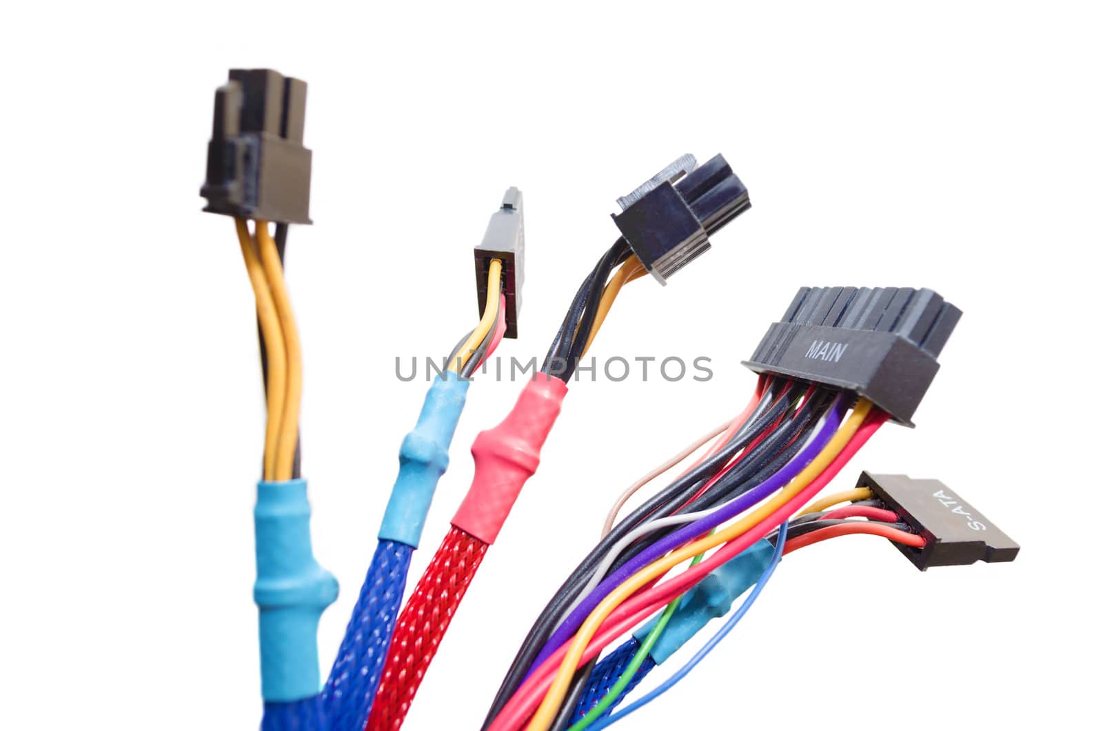 Some colorful power supply cables for a personal computer.