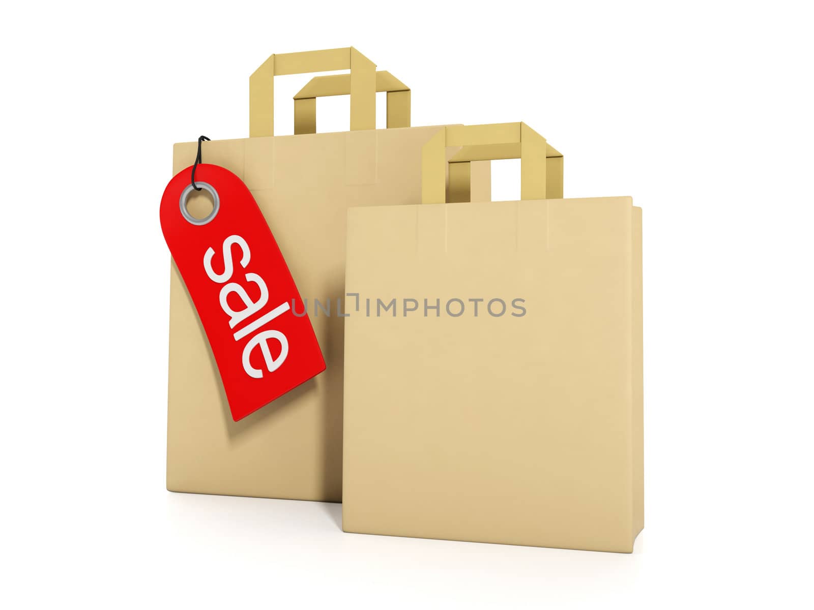 3d illustration: Concept for sale and purchase. Group of paper bags and label sales