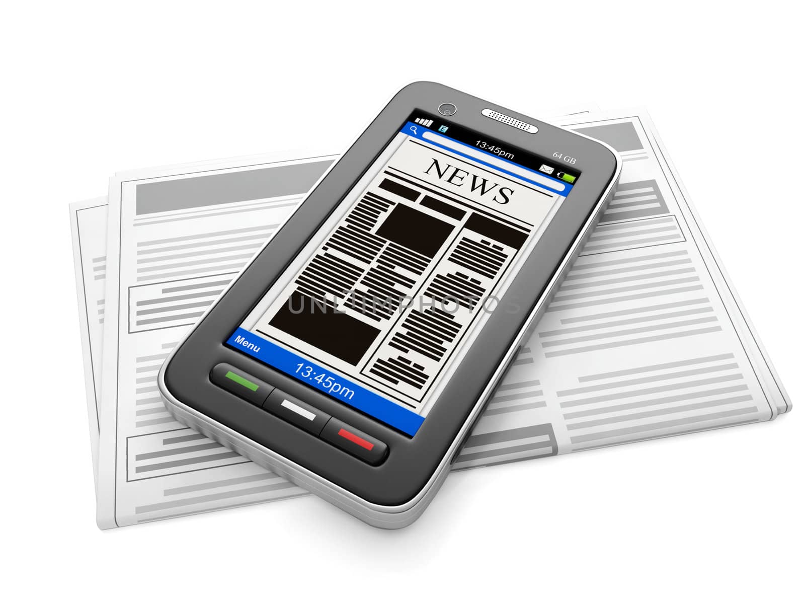 3d illustration: Mobile technology. Mobile news, phone and newspaper with news