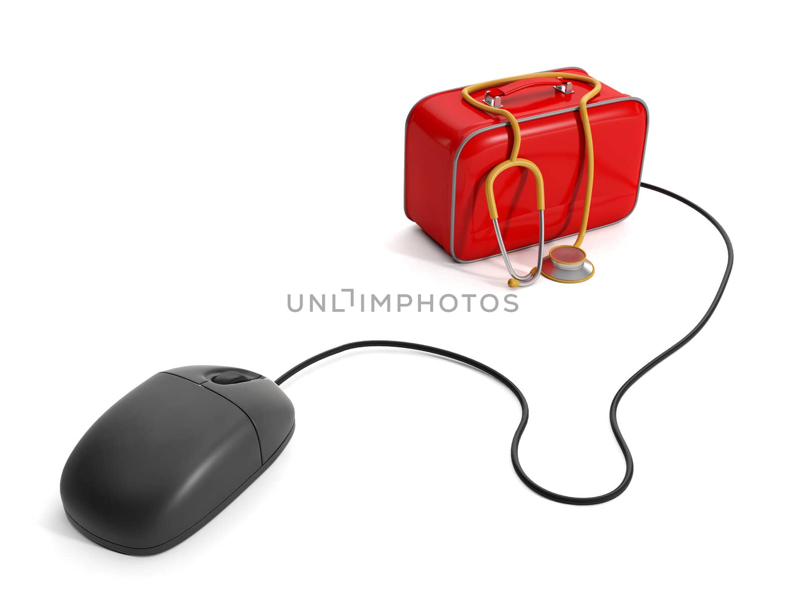 3d illustration: Call physician via the Internet. Computer mouse and first aid kit