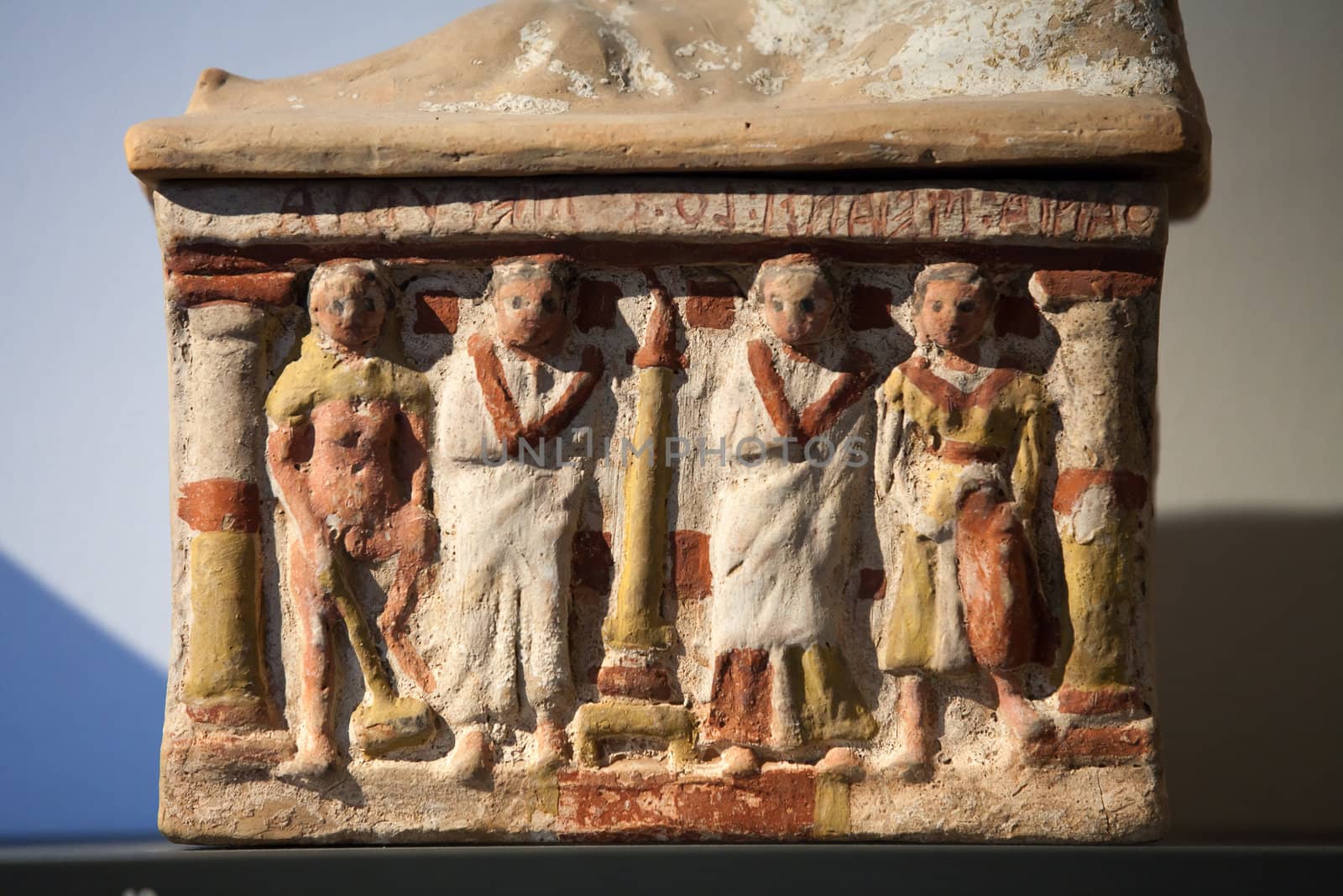 Ancient etruscan art. Painted terracotta cienrary  urns. Sarcophagus of Chiusi, Tuscany. 