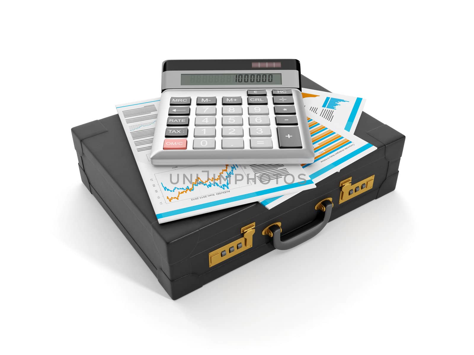 3d illustration: Accounting and data analysis. The portfolio of documents and a calculator