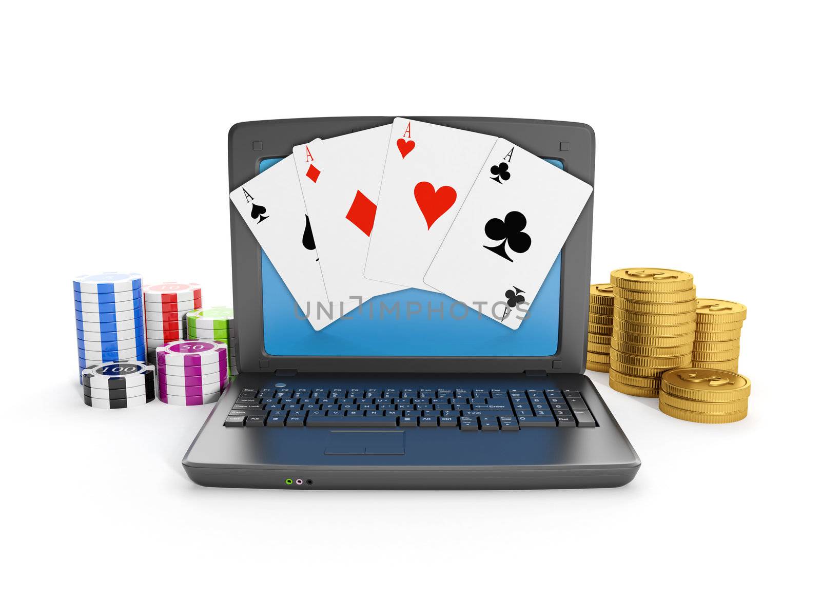 3d illustration: Gambling on the Internet, play online. Laptop casino chips and cards
