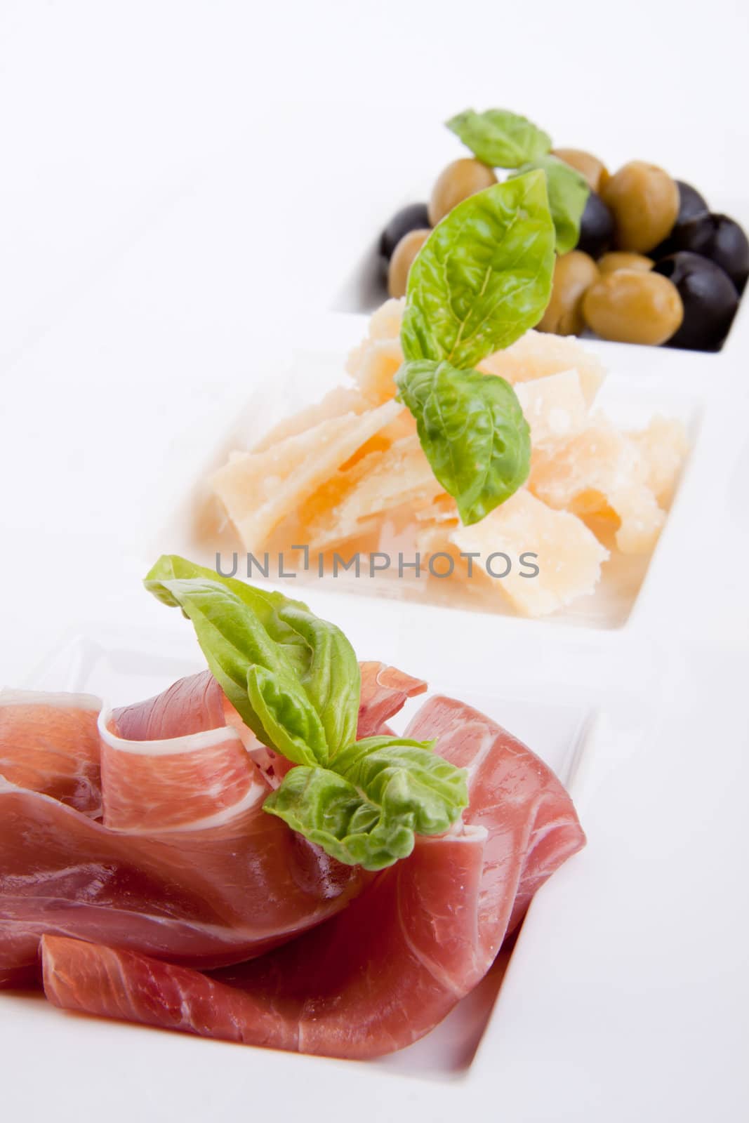 deliscious antipasti plate with parma parmesan and olives isolated on white background