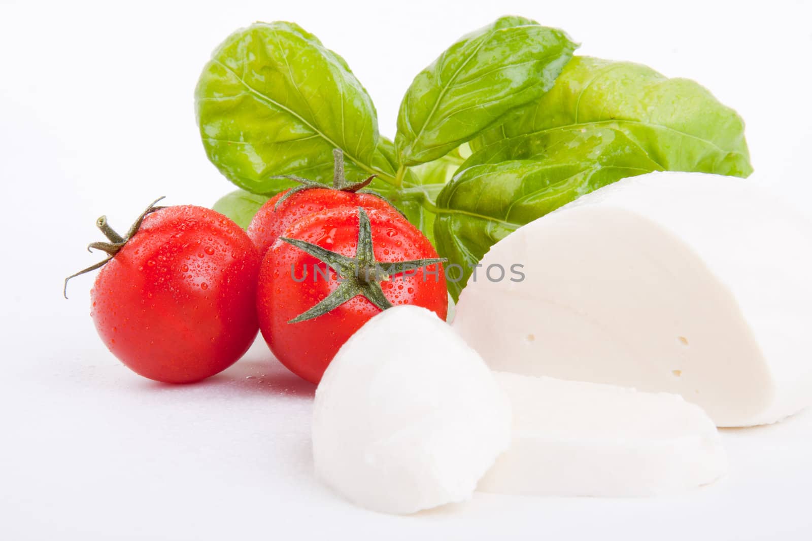 tasty tomatoe mozarella salad with basil isolated on white background