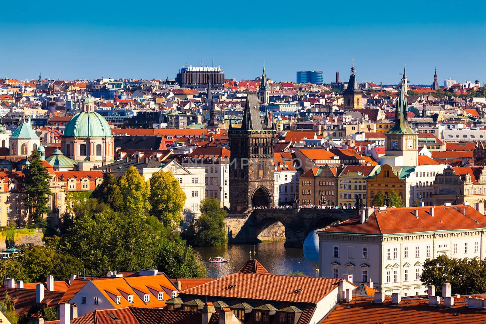 Panorama of DOwntown Prague with the Charles Bridge and Old Town Bridge Tower