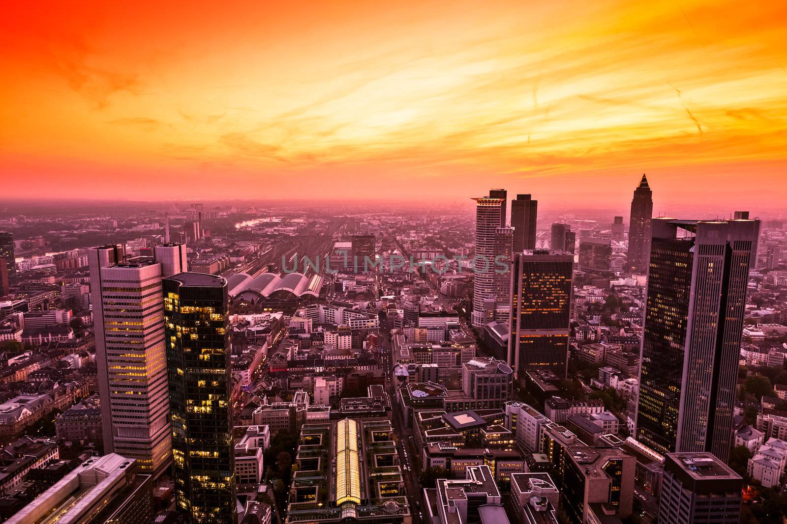 Panorama of Frankfurt am Main (Germany) at sunset