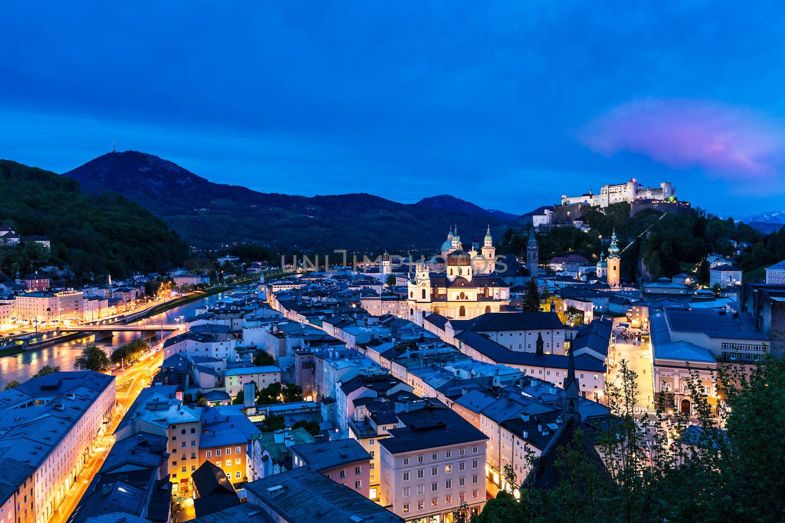 Evening panorama of the city Salzburg in Austria