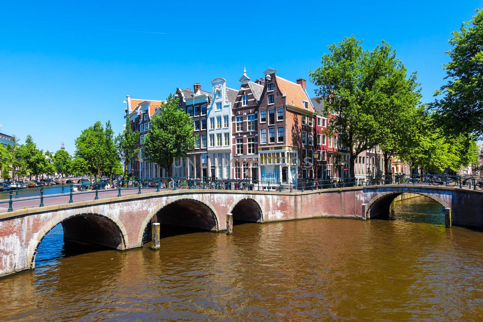 Typical Amsterdam scene with canals, bridges and bicycles