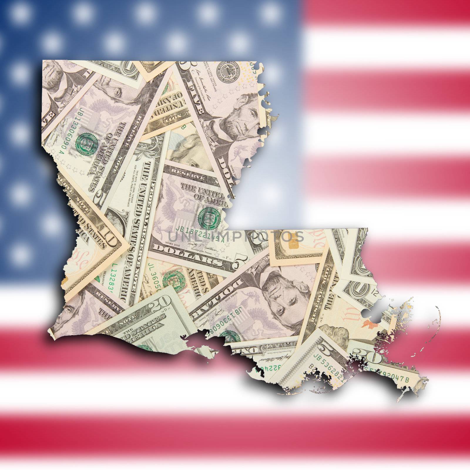 Map of Louisiana, filled with US dollars