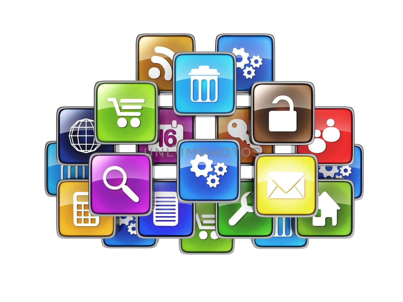 Group of mobile applications in the form of icons drawn in the cloud