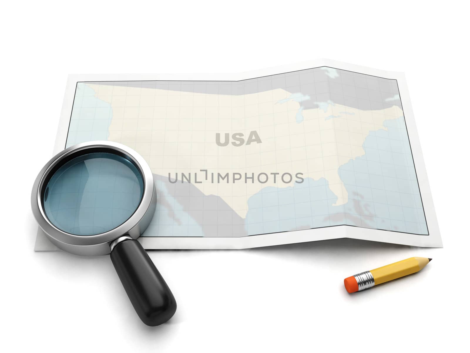 Search on the map. U.S. map magnifier and pencil on white background
