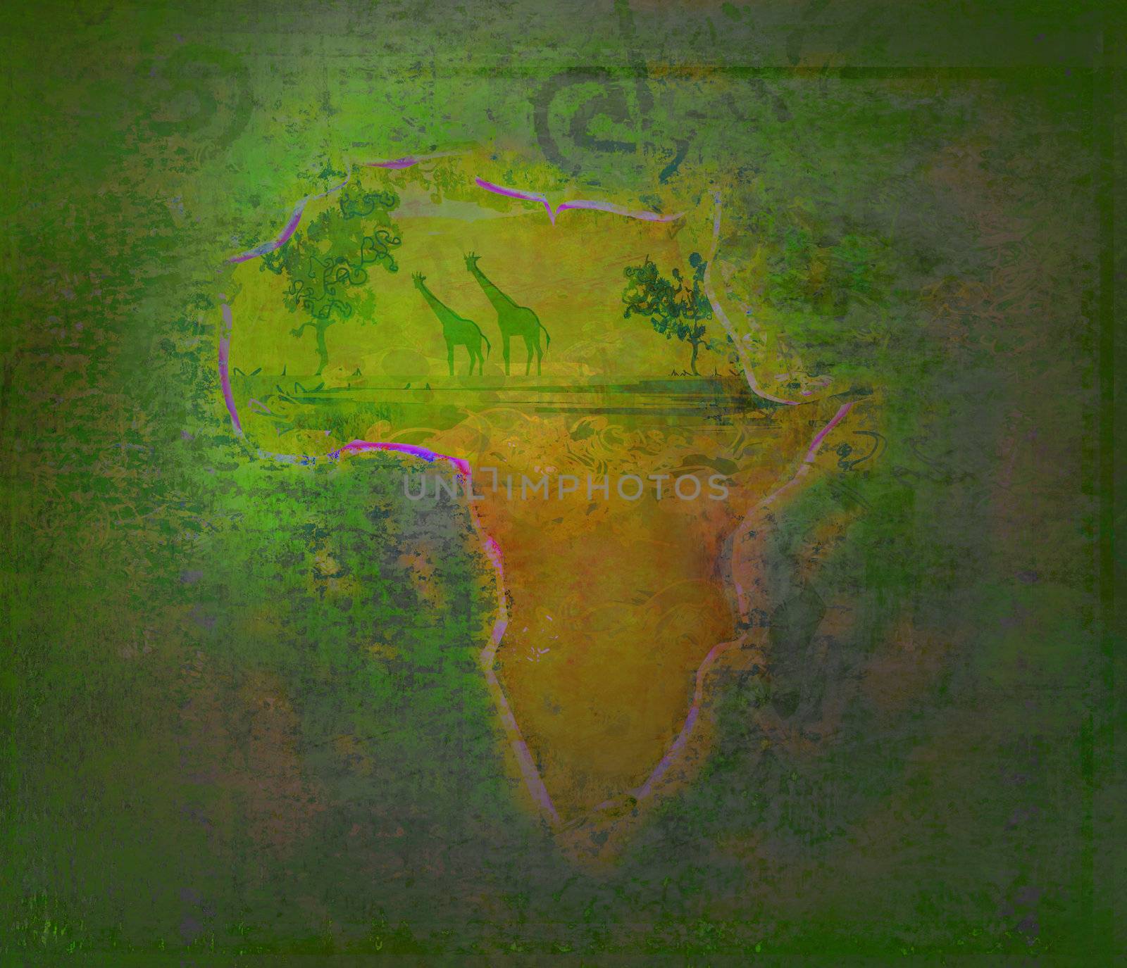grunge background with African fauna and flora