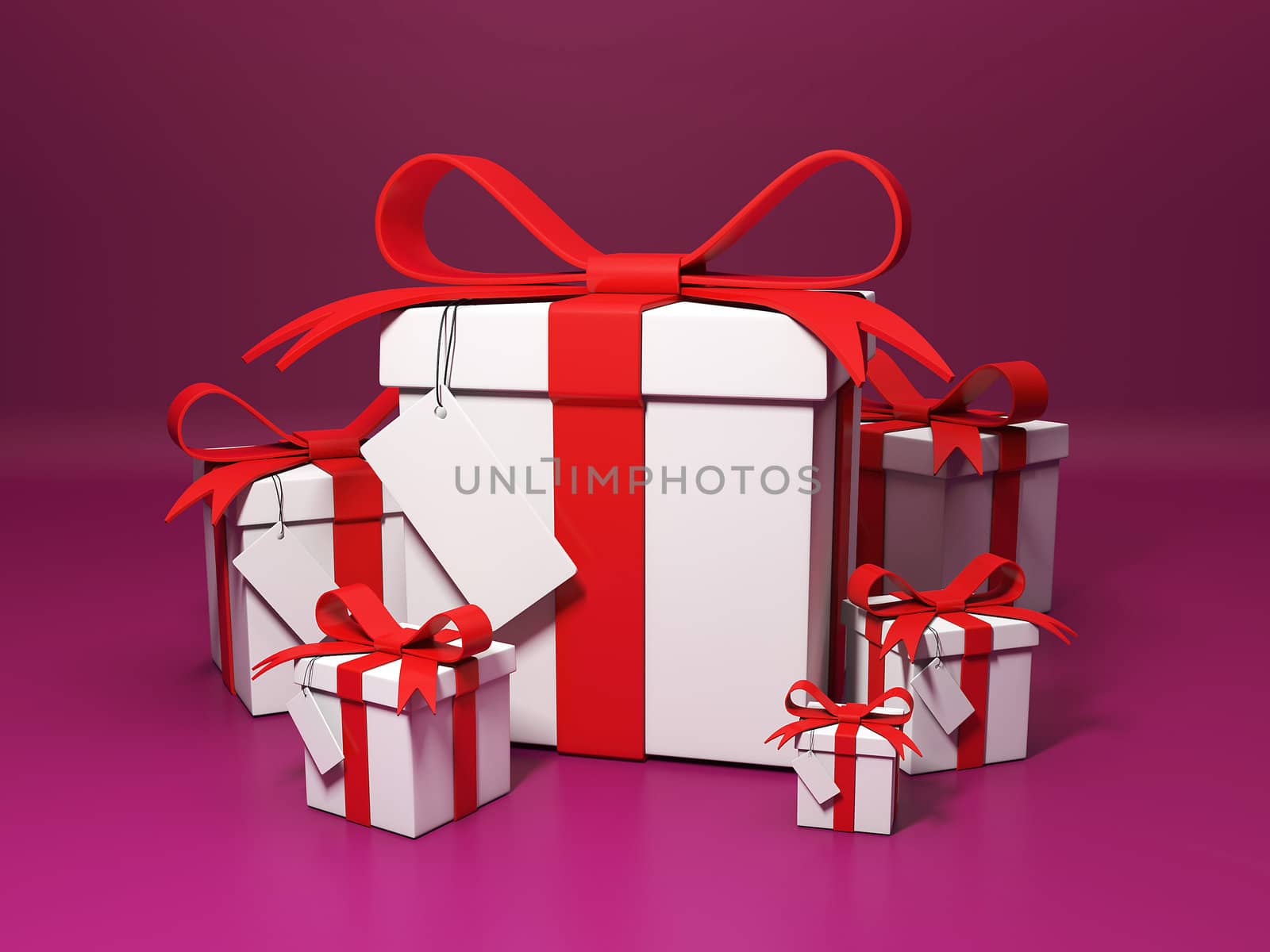 Group gifts on burgundy background. Festive theme Christmas and New Year