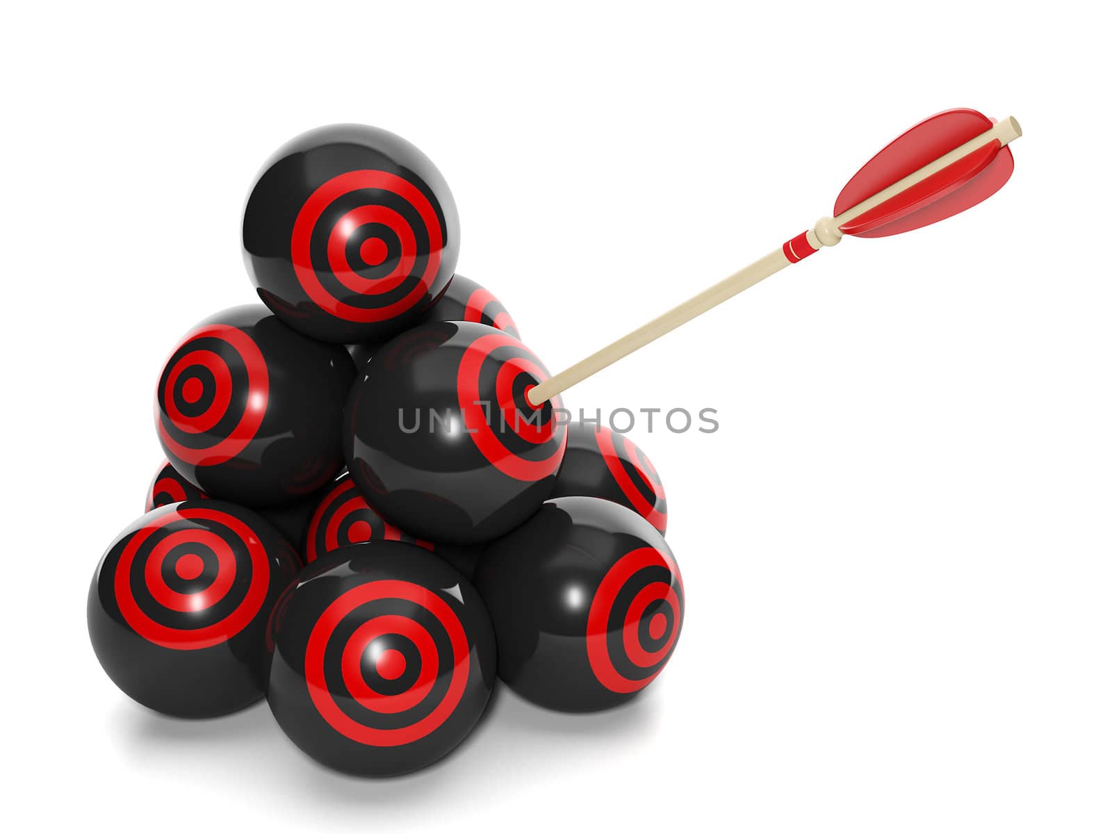 3d Illustration: Business concept. Group of balls with a target and arrow in one, choose the right solution