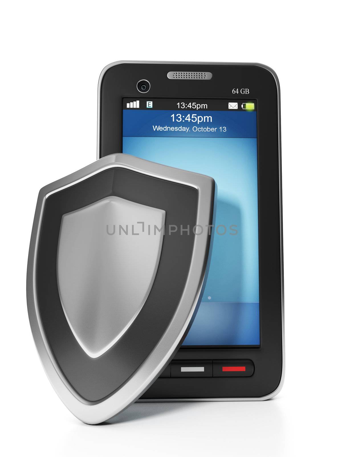 3d illustration: Mobile technology. Protect your mobile phone, mobile phone and a shield on a white background