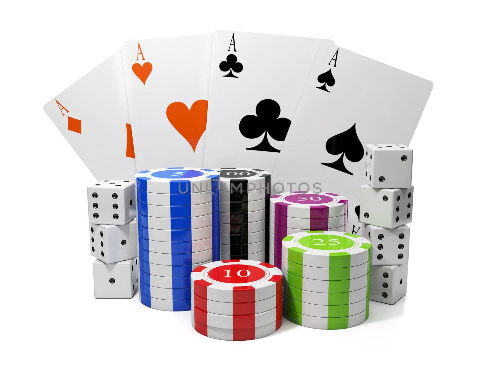 3d illustration: Entertainment gambling. Chips and playing cards with a group of cubes