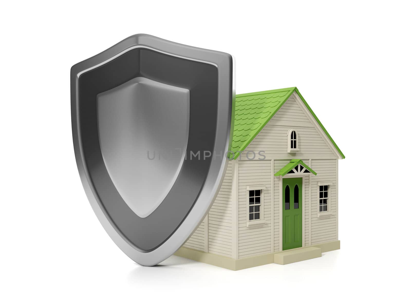 3d illustration: Housing Estate. Home insurance protection, a shield and a house