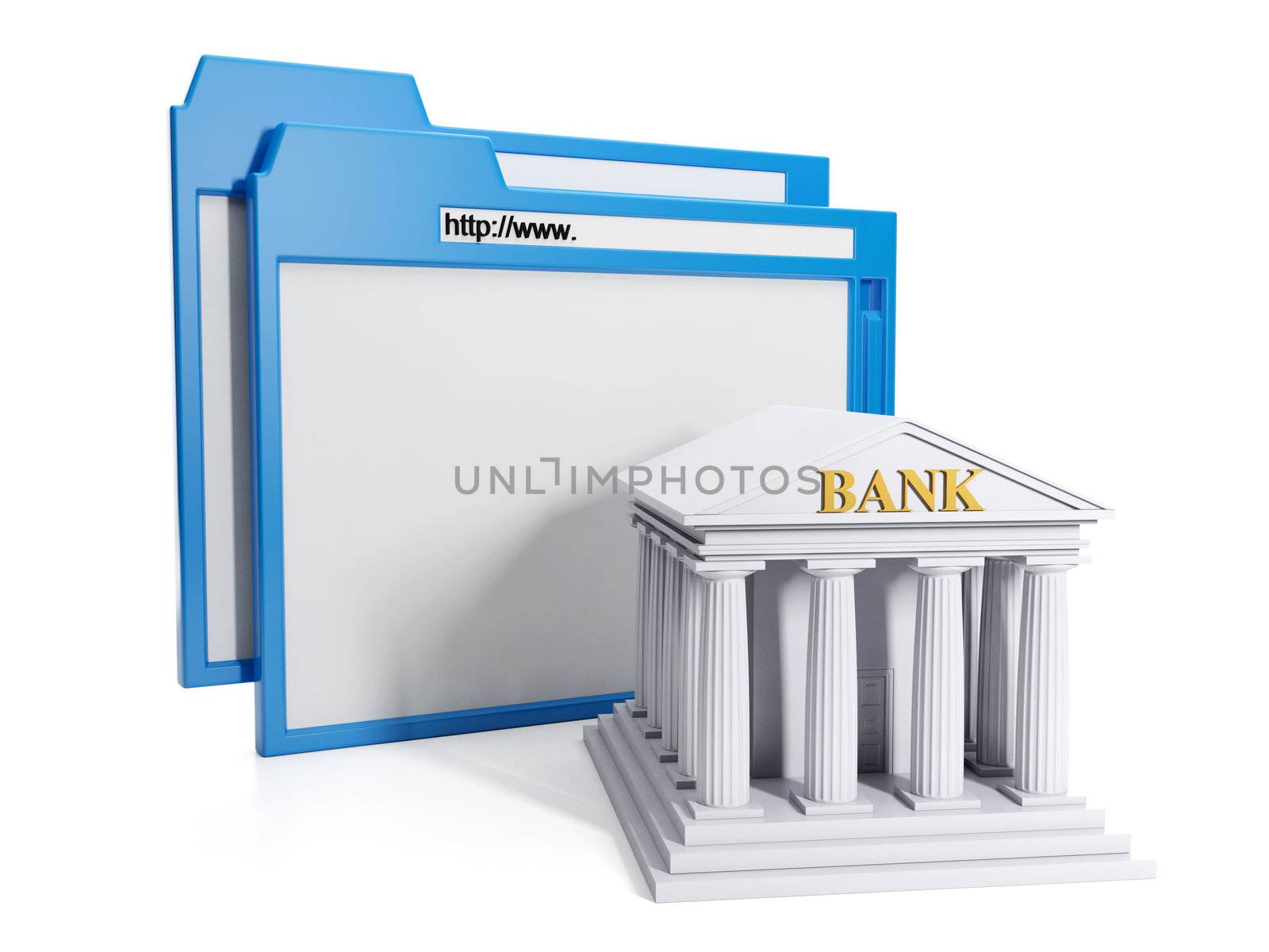 3d Illustration: Business and the Internet. The browser and the bank building