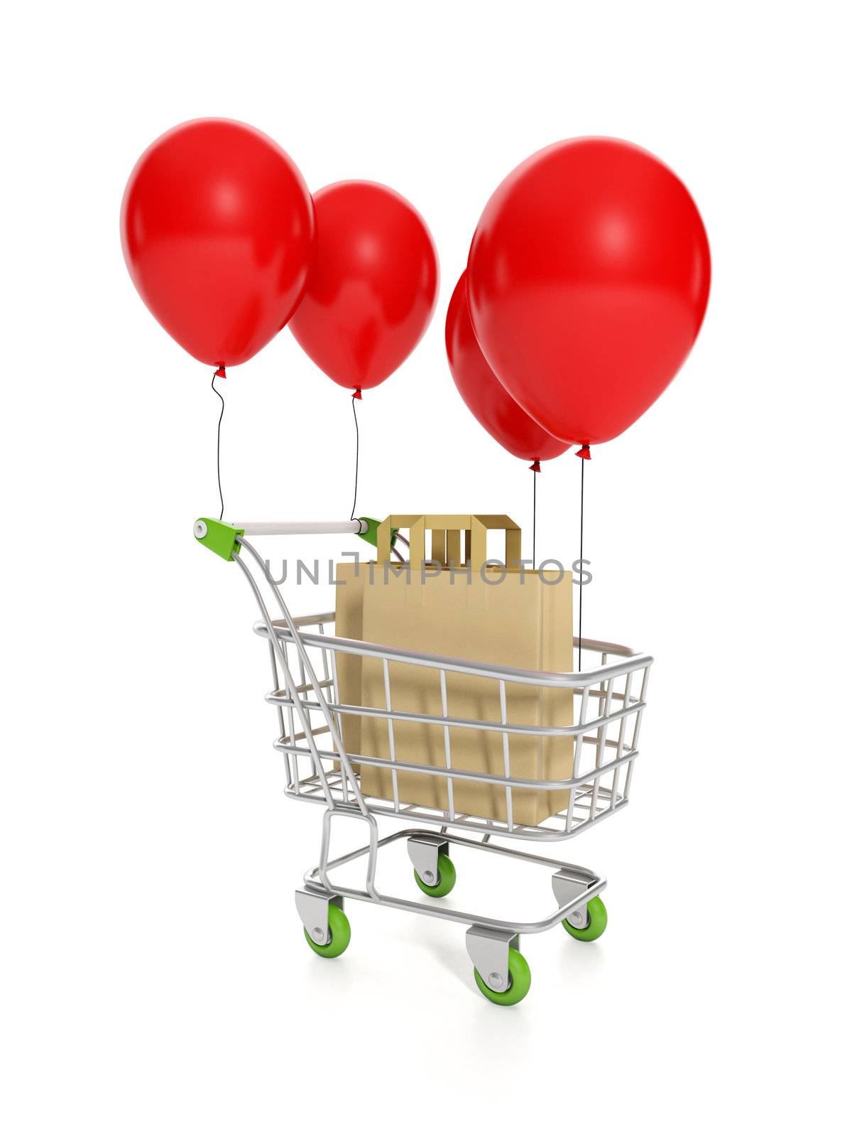 3d illustration: Concept for sale and purchase. Trolley balloon and paper bags, holiday sale. low Price
