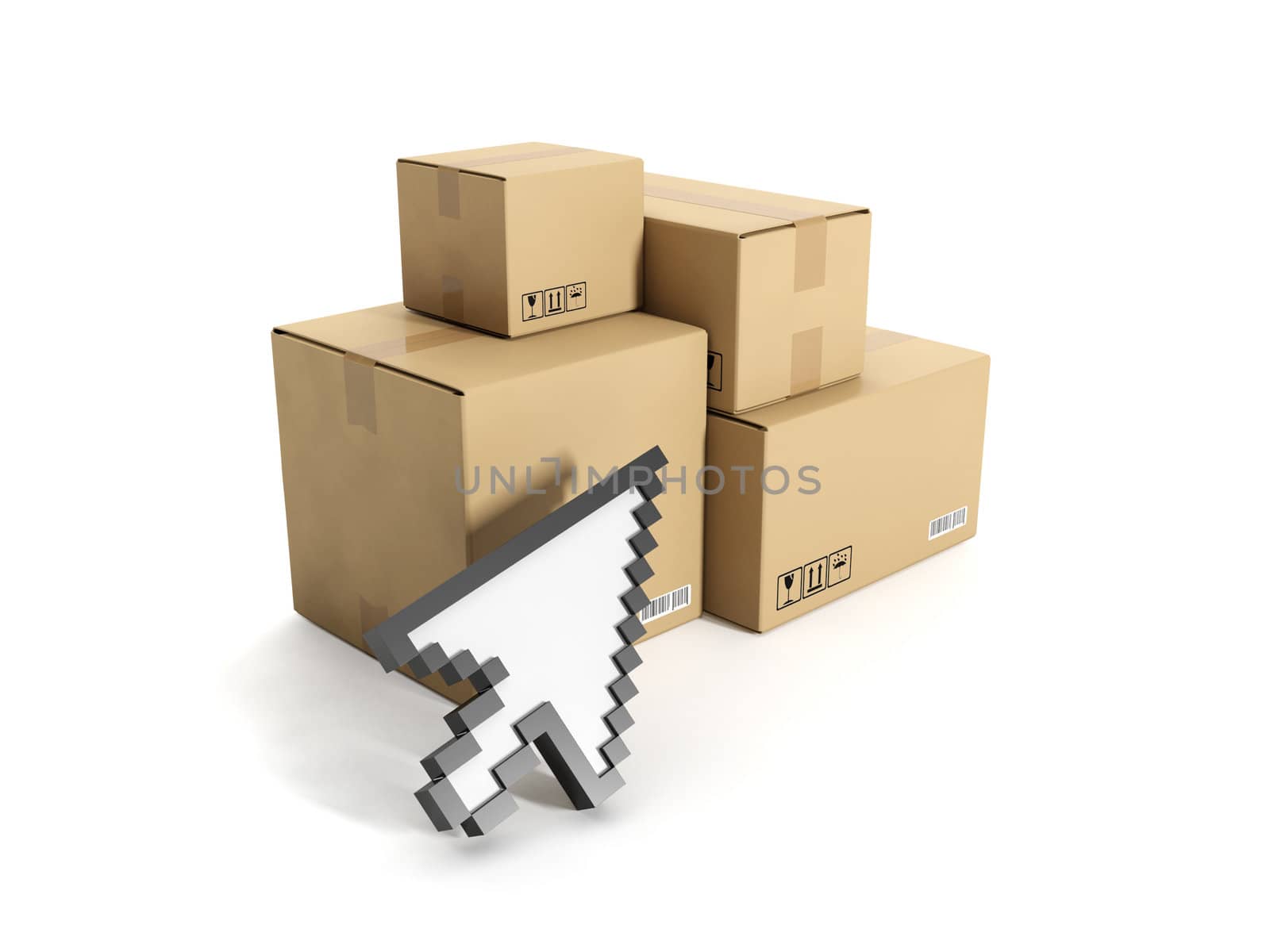 3d illustration: Business Internet technologies. Boxes and mouse cursor