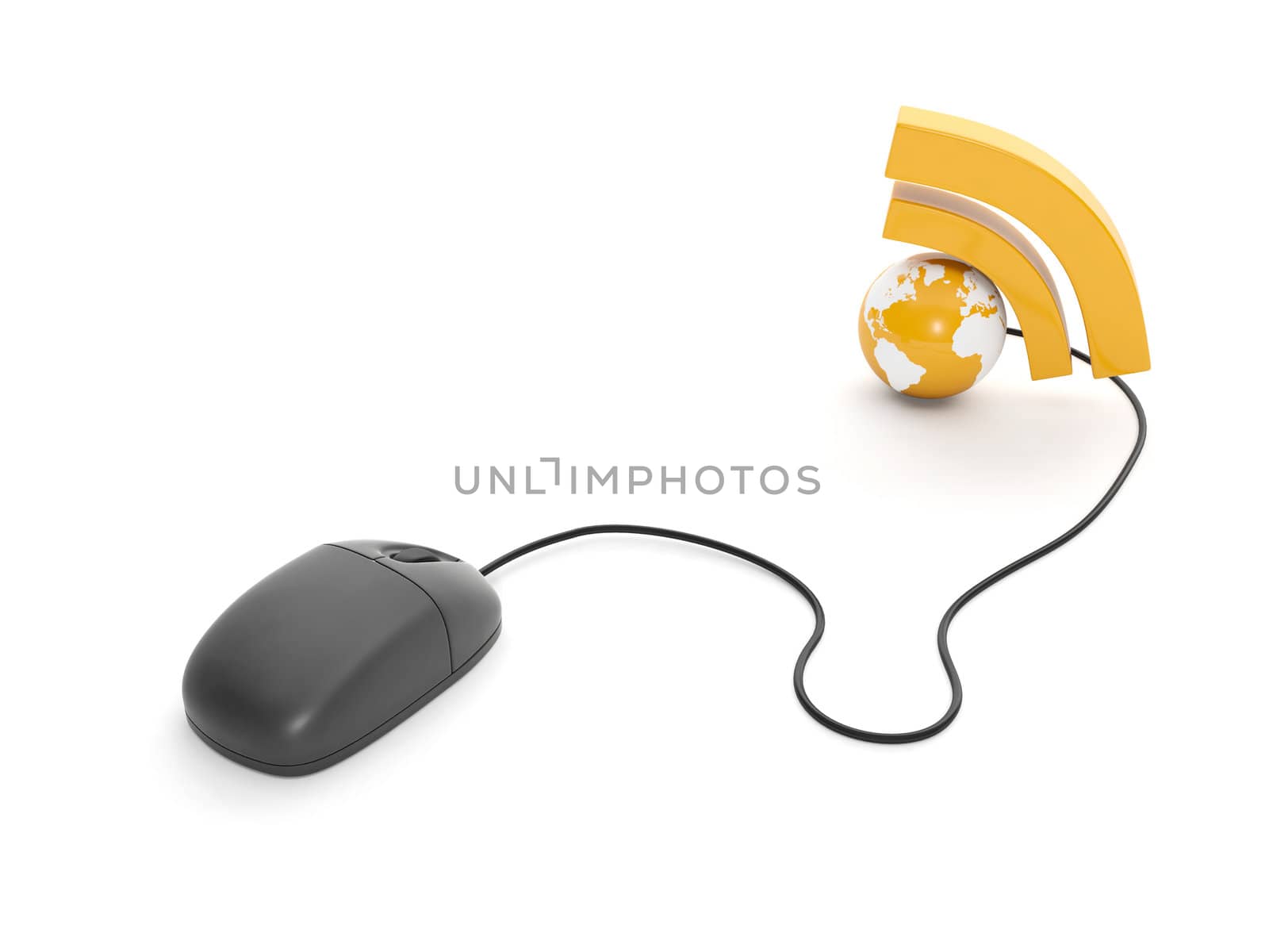 3d illustration: rss icon. Earth and the computer mouse