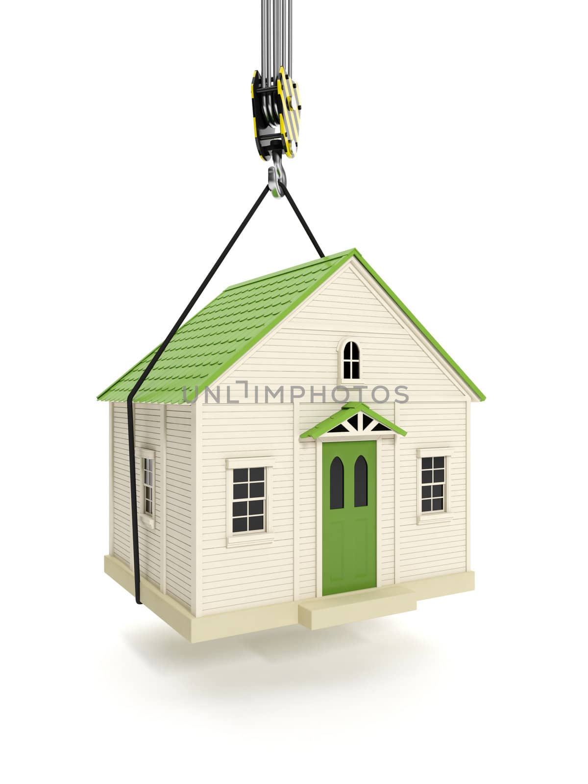 3d illustration: Drive home. The hook of a crane lifts the house. Change of residence