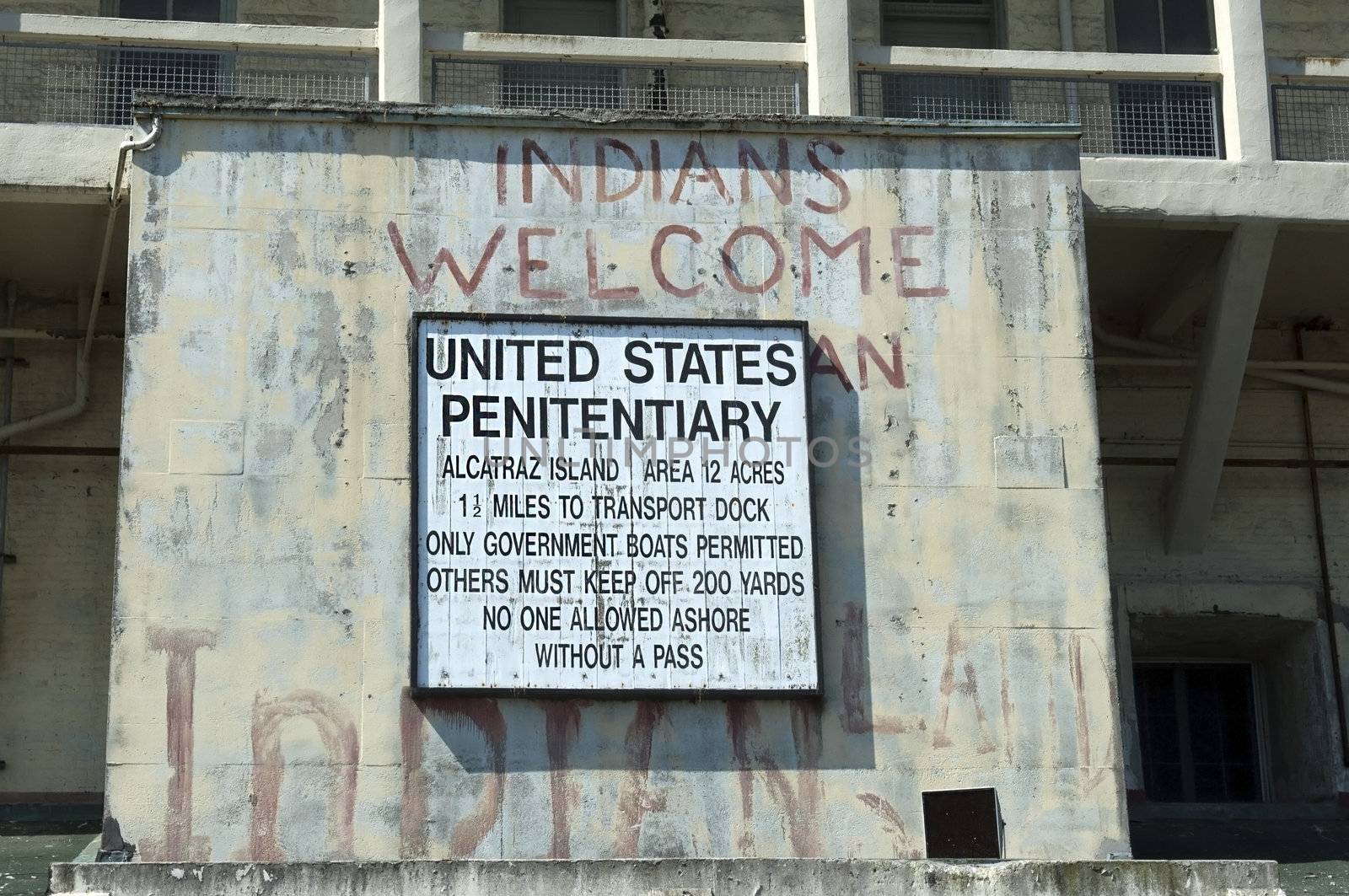 Alcatraz jail , graffiti painted on walls from the days of occupation by the American Indian Movement in the 1970s