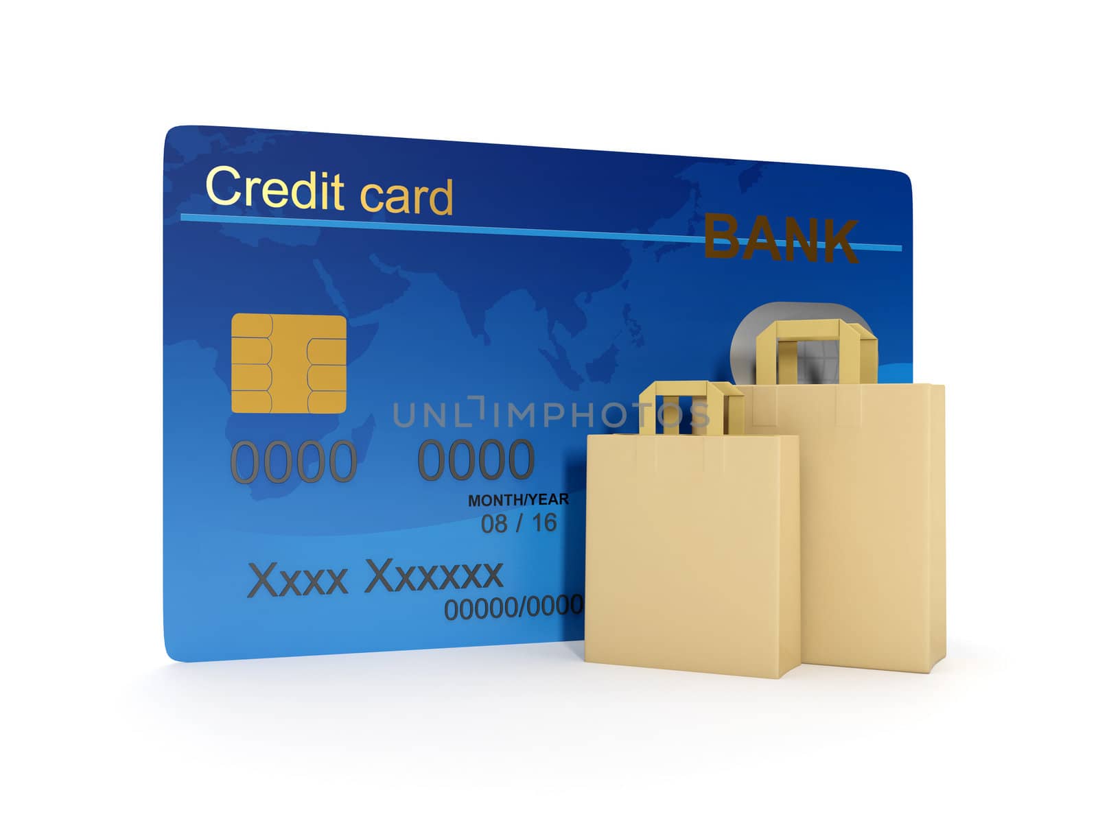 3d illustration of Credit Card and a group of paper bags for shopping