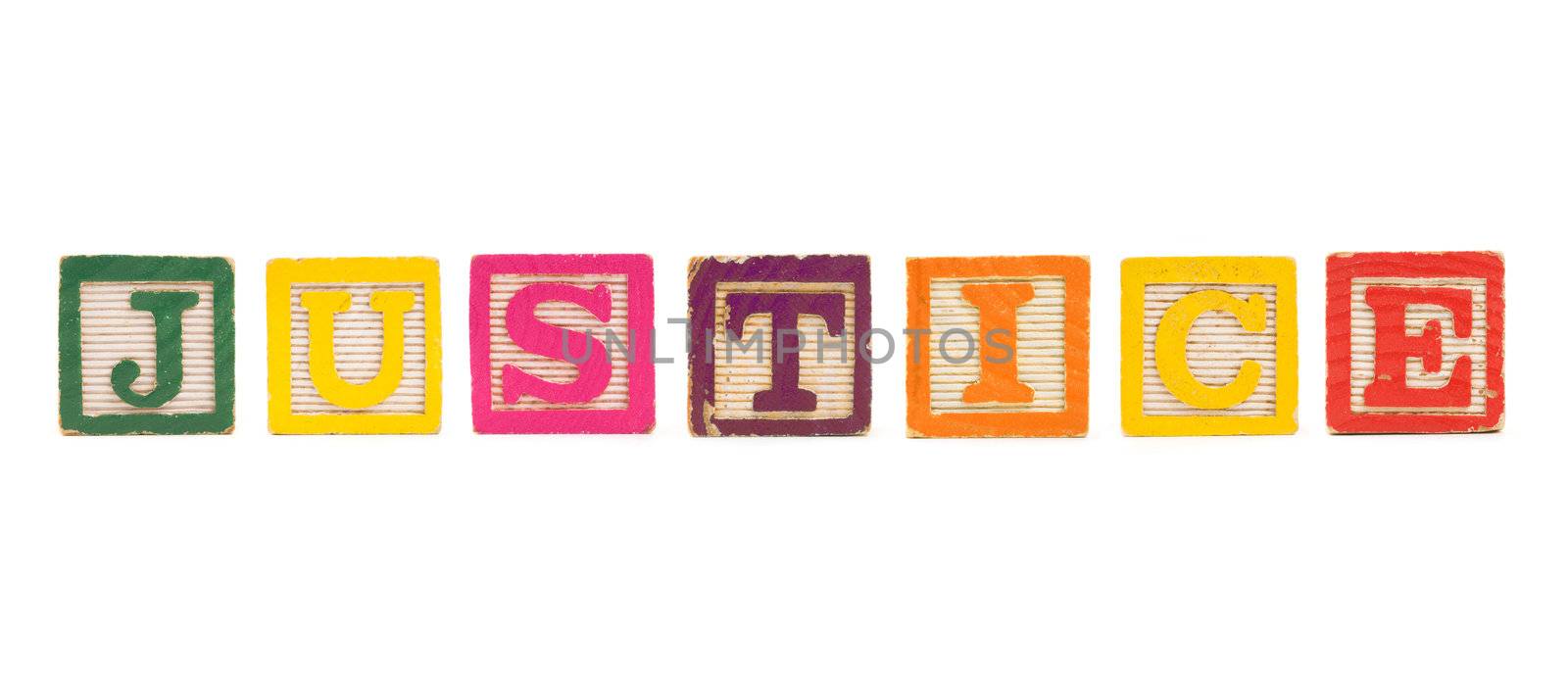 The word "JUSTICE" created with children's blocks