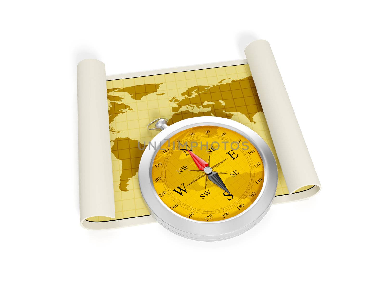 3d illustration: A compass and the developed map of the earth. A by kolobsek